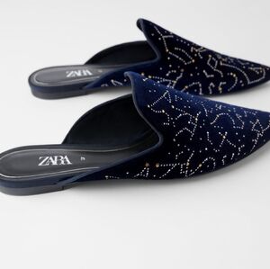 ZARA Velvet Constellation Star Blue Mules, 9